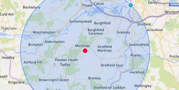 Areas covered by Green Paw Dog Training near Mortimer, West Berks. Aa approximately 8-mile radius from RG7 3RD.